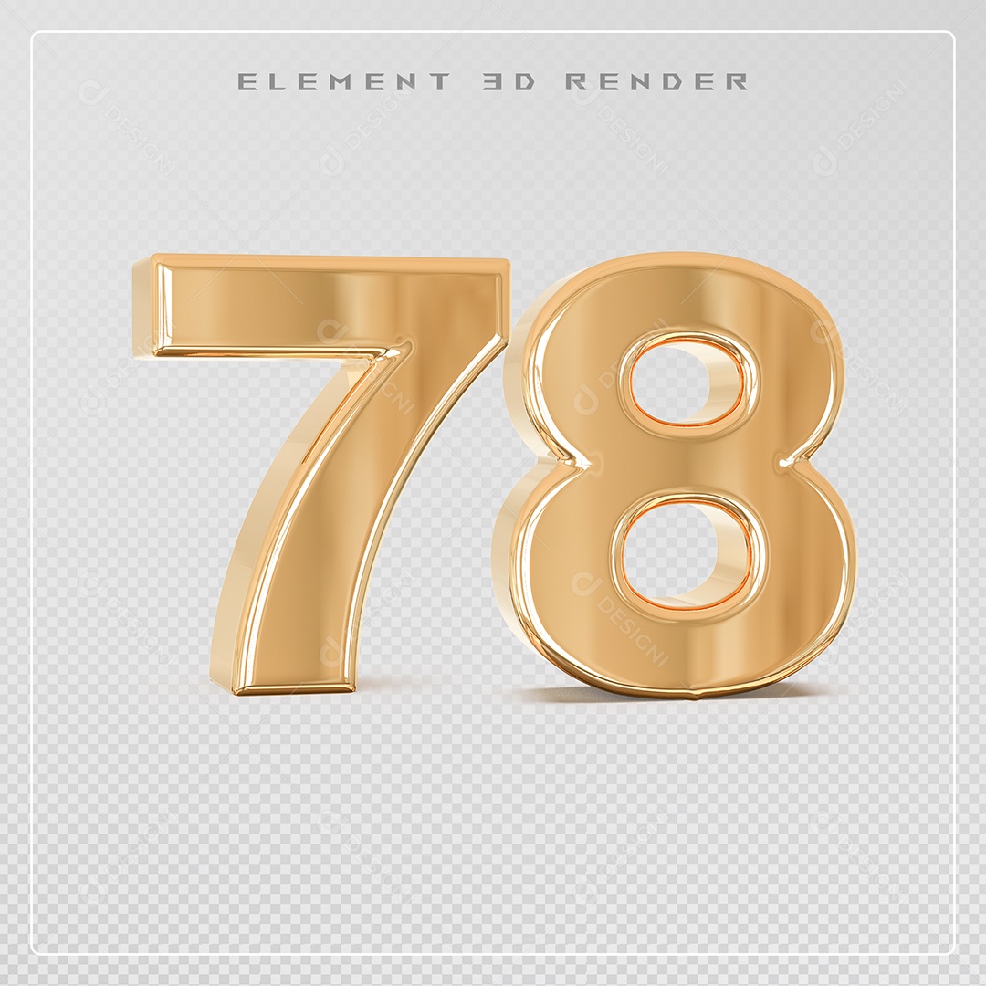 Elemento 3D Número 78 Dourado para Composição PSD