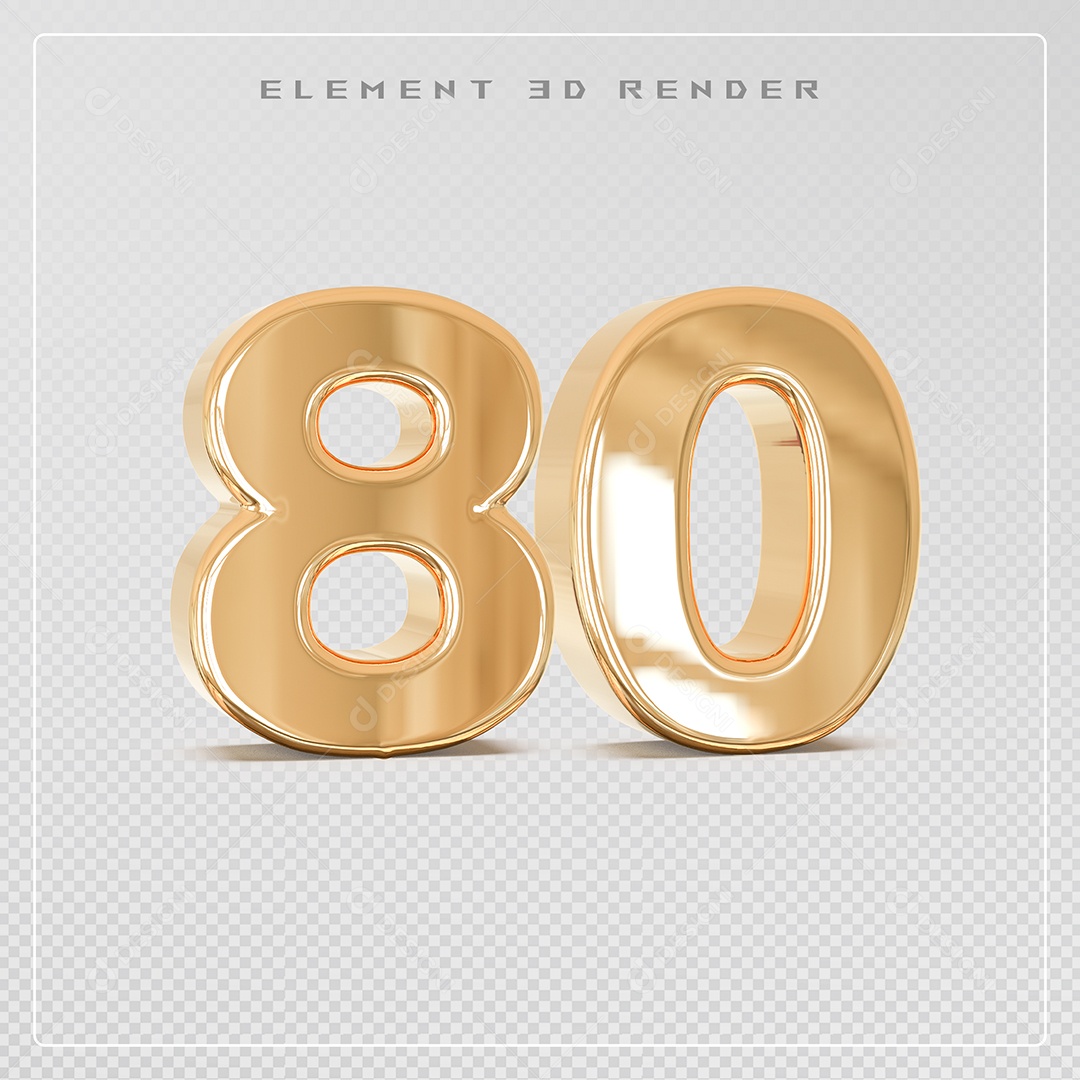Elemento 3D Número 80 Dourado para Composição PSD