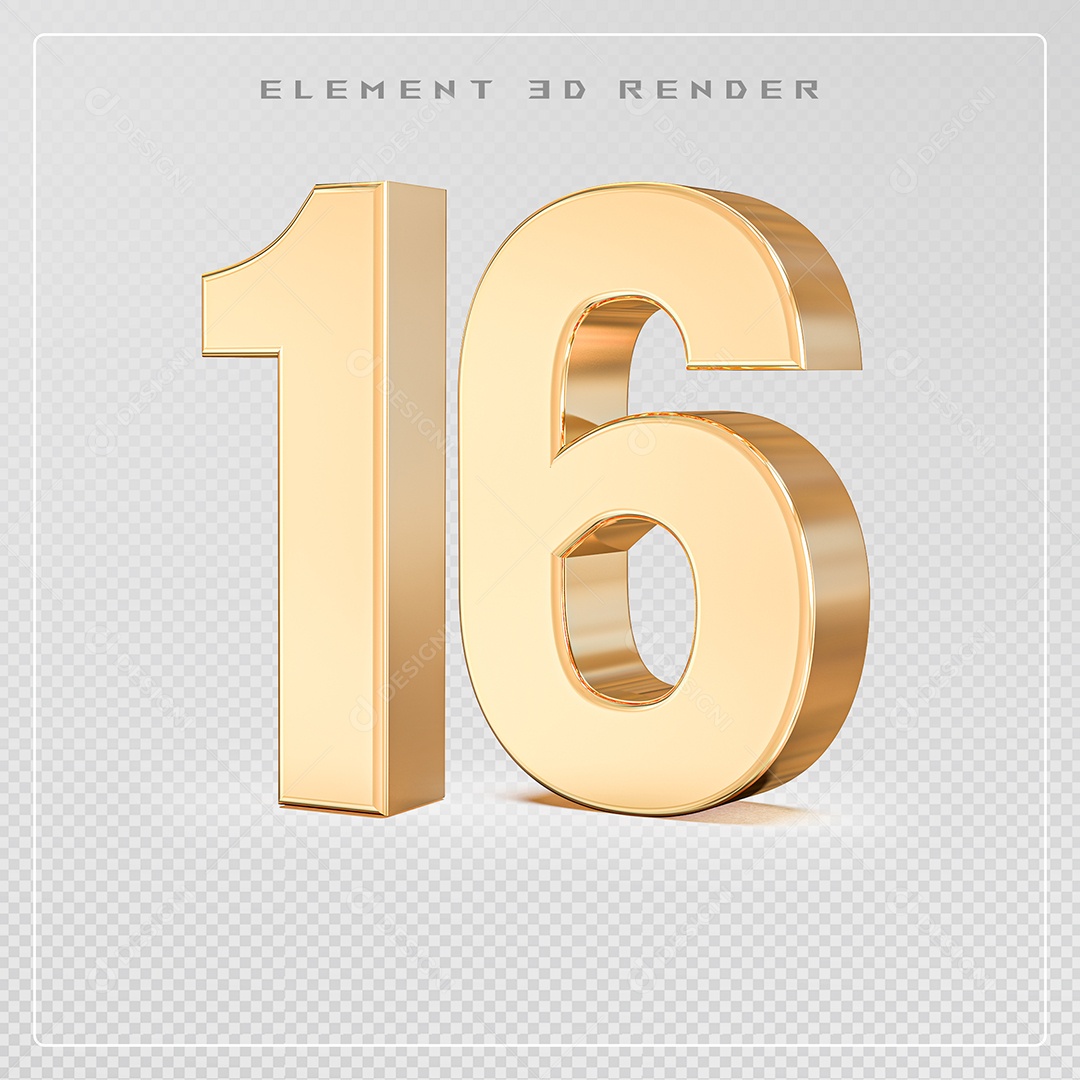 Elemento 3D Número 16 Dourado para Composição PSD