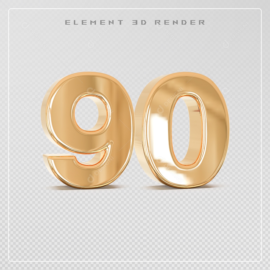 Elemento 3D Número 90 Dourado para Composição PSD