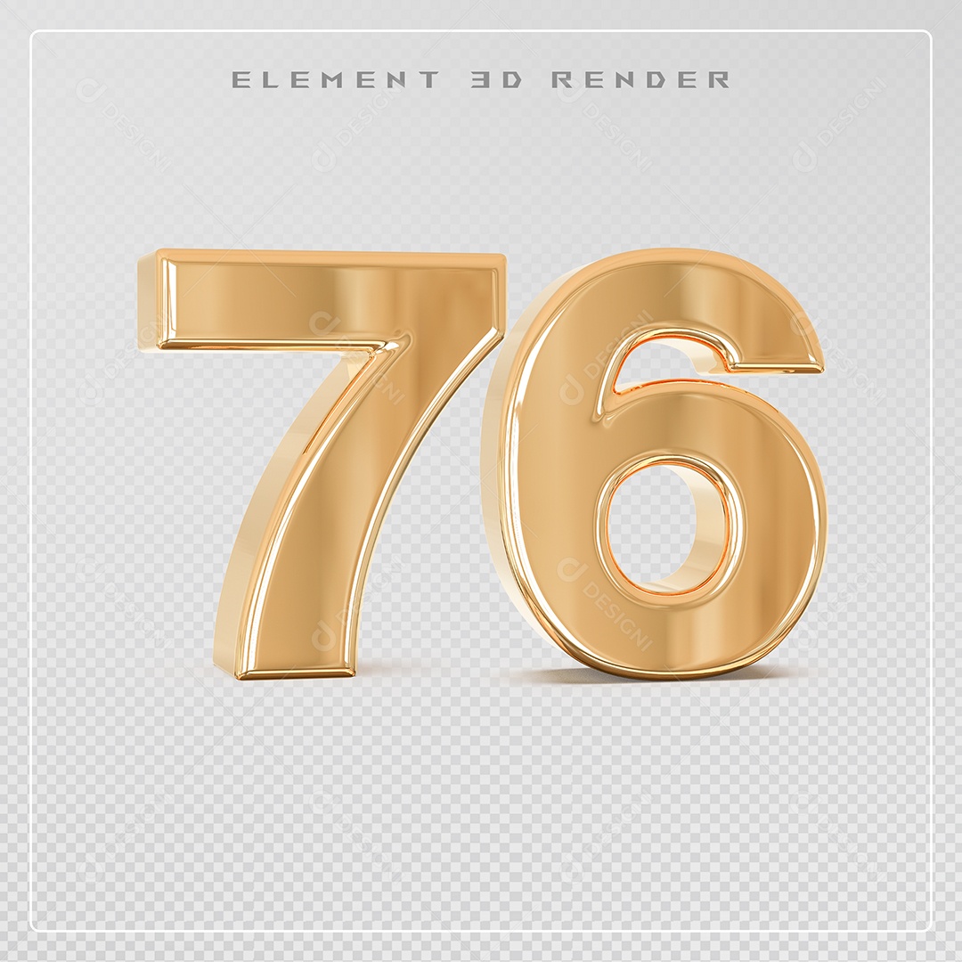 Elemento 3D Número 76 Dourado para Composição PSD