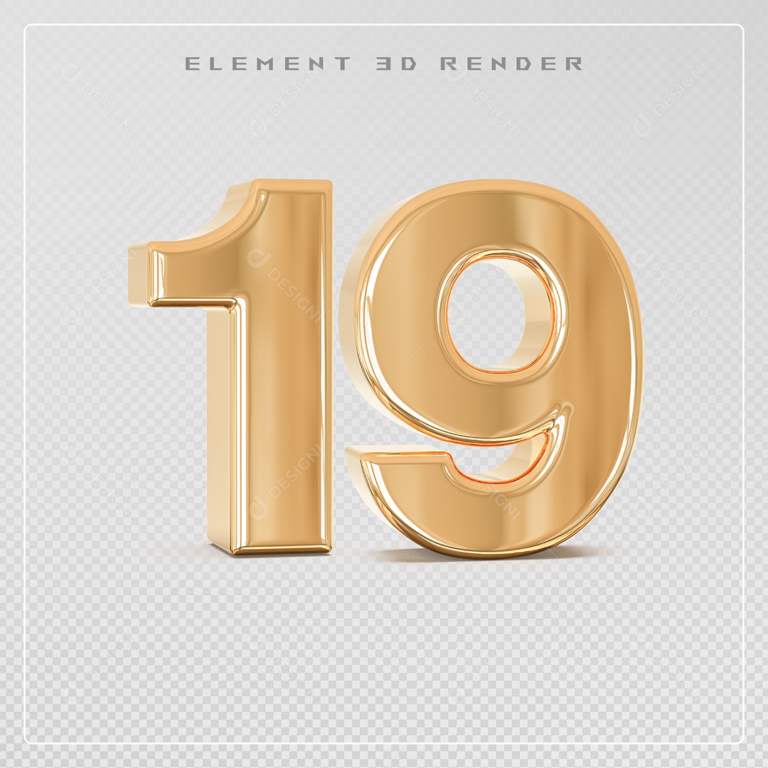 Elemento 3D Número 19 Dourado para Composição PSD
