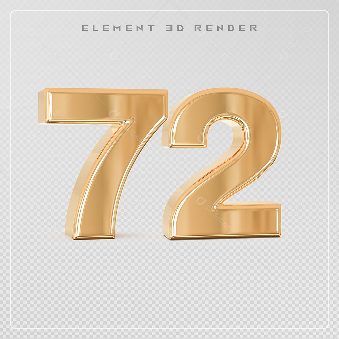 Elemento 3D Número 72 Dourado para Composição PSD