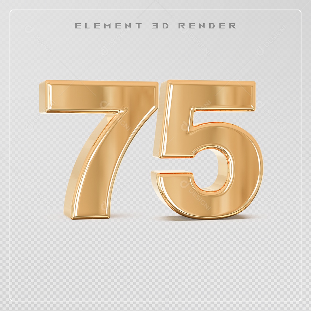 Elemento 3D Número 75 Dourado para Composição PSD
