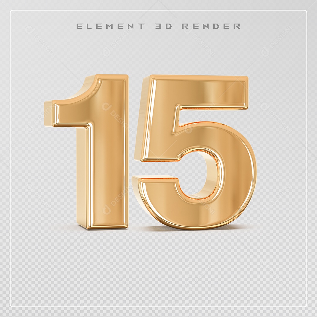 Elemento 3D Número 15 Dourado para Composição PSD