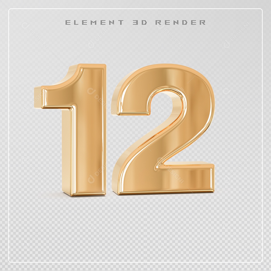 Elemento 3D Número 12 Dourado para Composição PSD