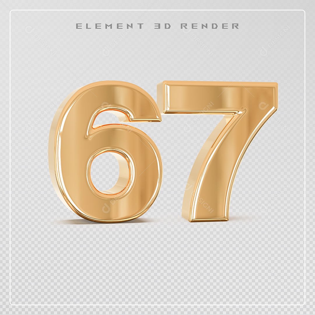 Elemento 3D Número 67 Dourado para Composição PSD