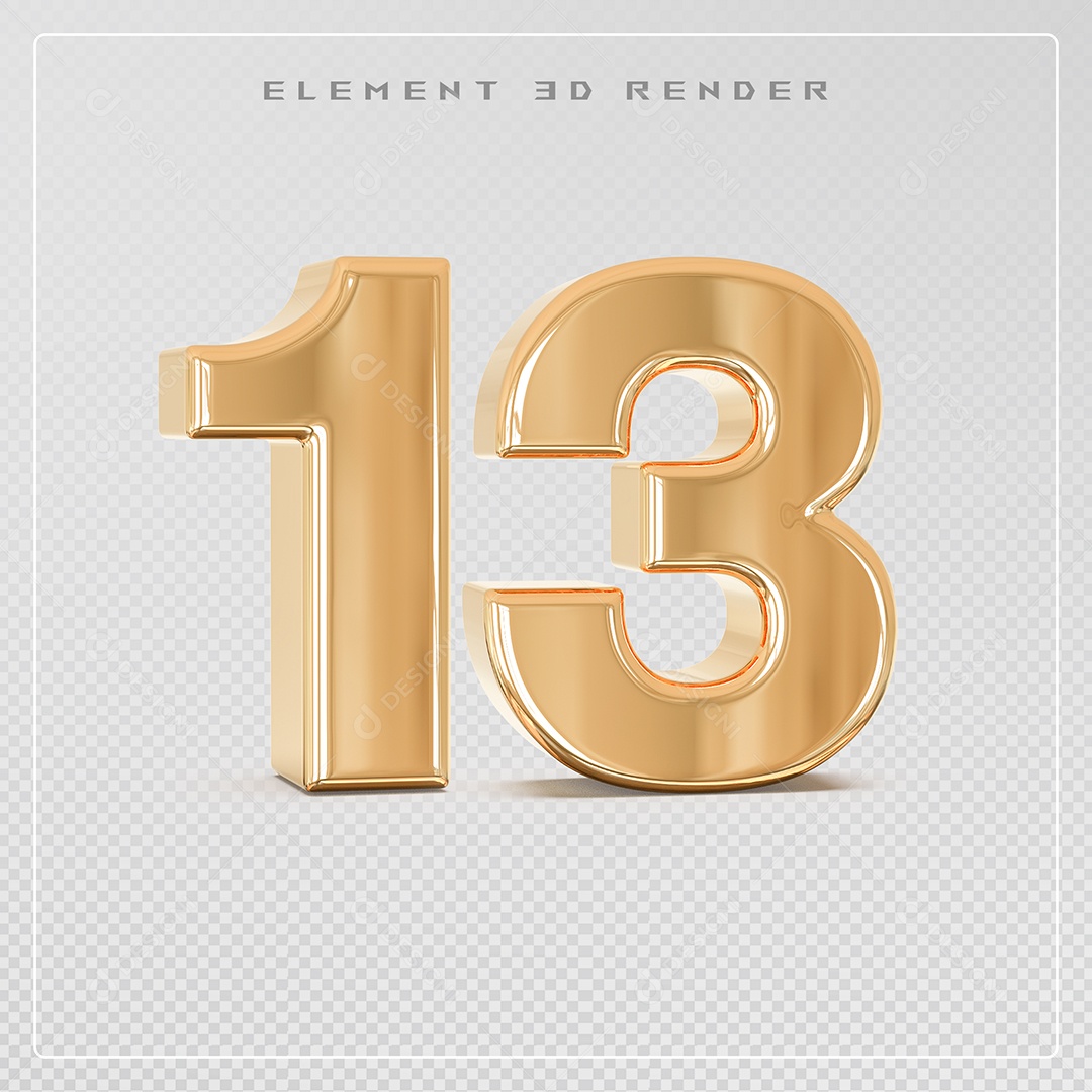 Elemento 3D Número 13 Dourado para Composição PSD