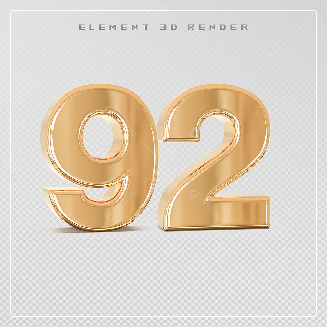 Elemento 3D Número 92 Dourado para Composição PSD