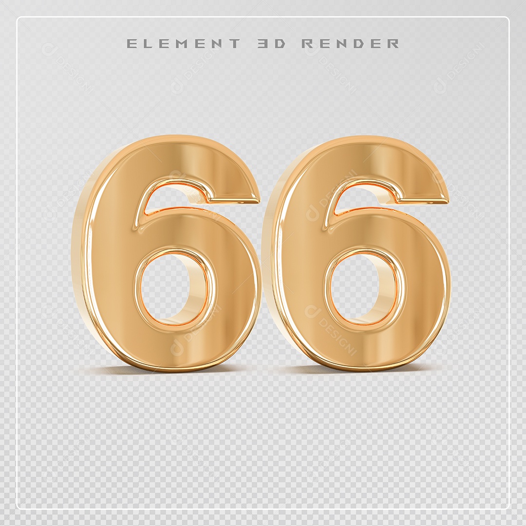 Elemento 3D Número 66 Dourado para Composição PSD