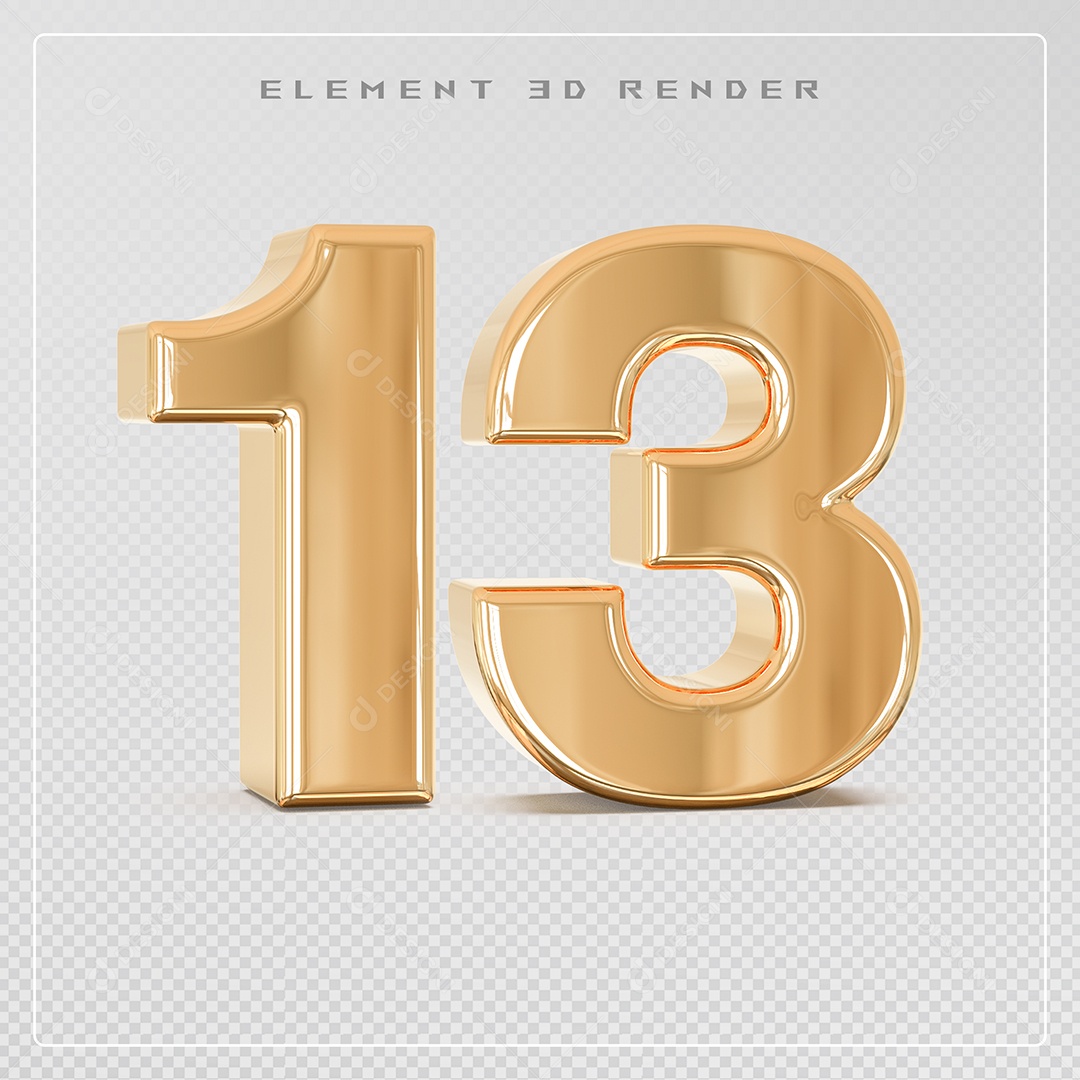 Elemento 3D Número 13 Dourado para Composição PSD