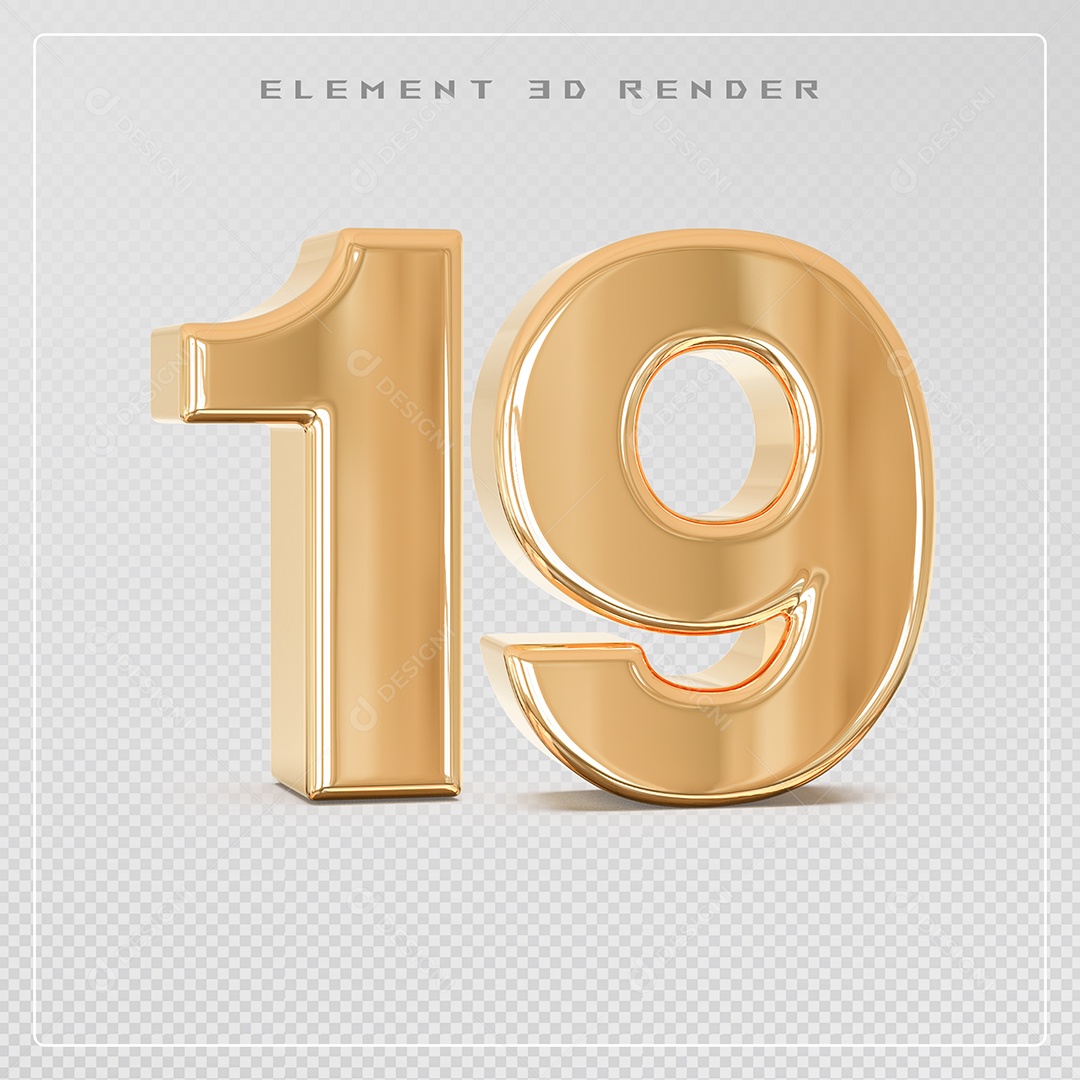 Elemento 3D Número 19 Dourado para Composição PSD