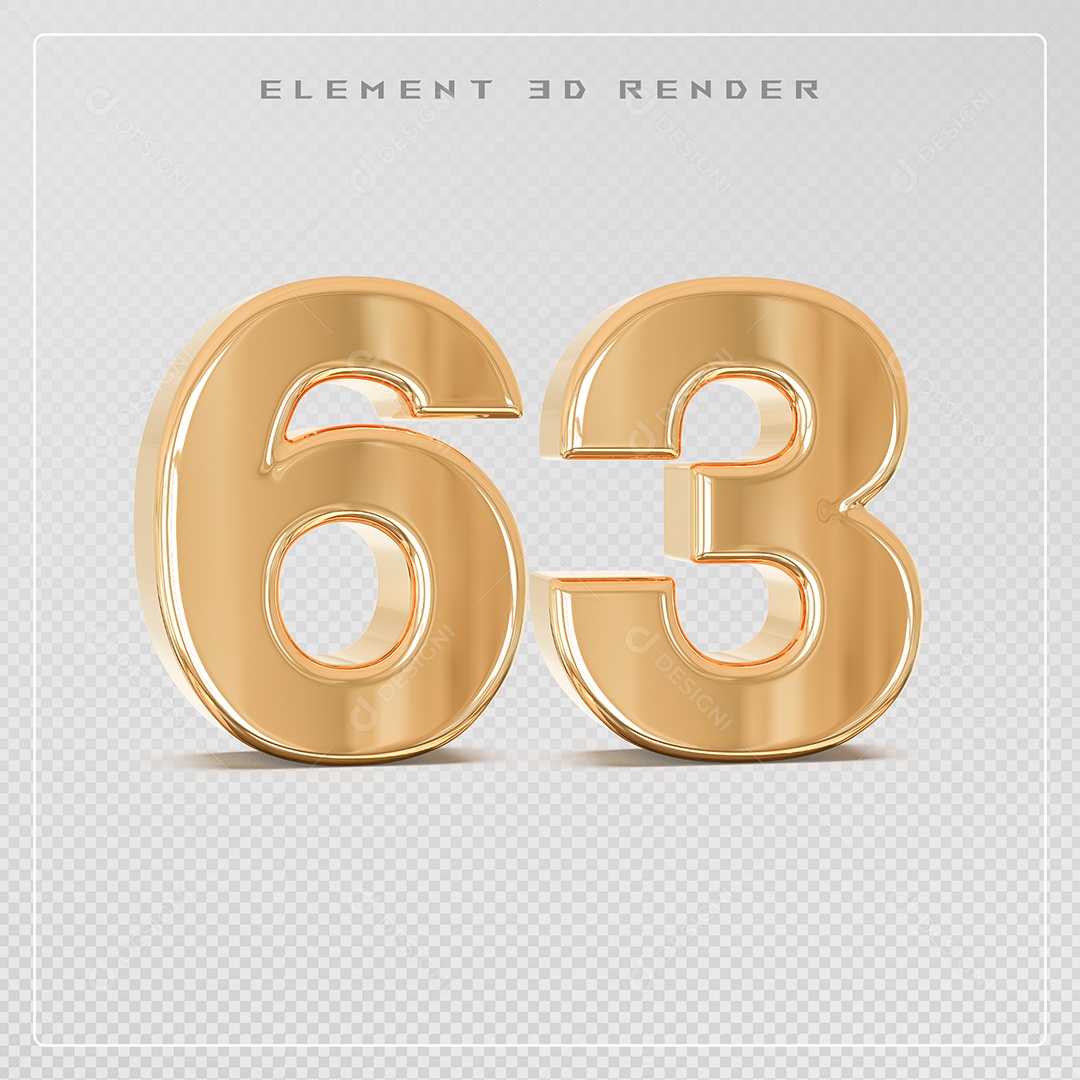 Elemento 3D Número 63 Dourado para Composição PSD