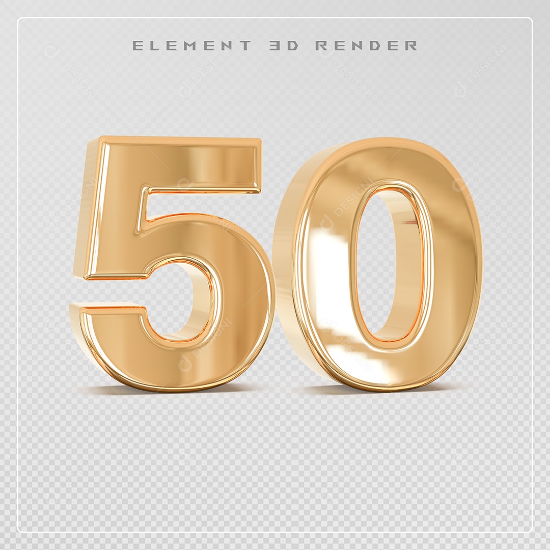 Elemento 3D Número 50 Dourado para Composição PSD
