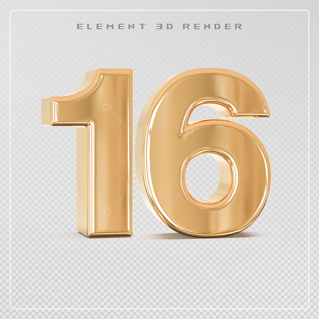 Elemento 3D Número 16 Dourado para Composição PSD