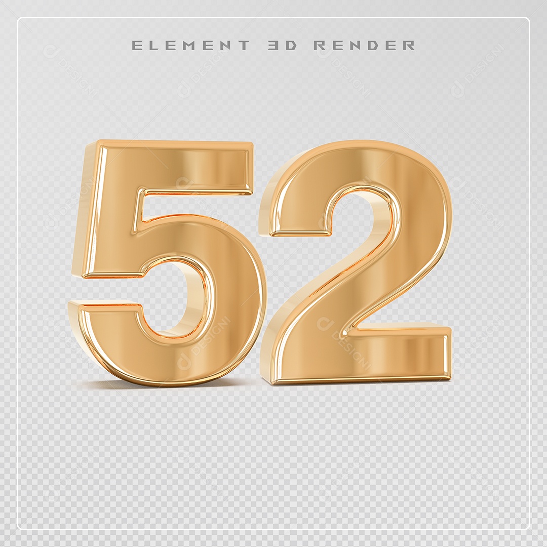 Elemento 3D Número 52 Dourado para Composição PSD