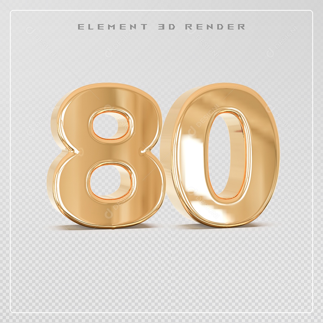 Elemento 3D Número 80 Dourado para Composição PSD