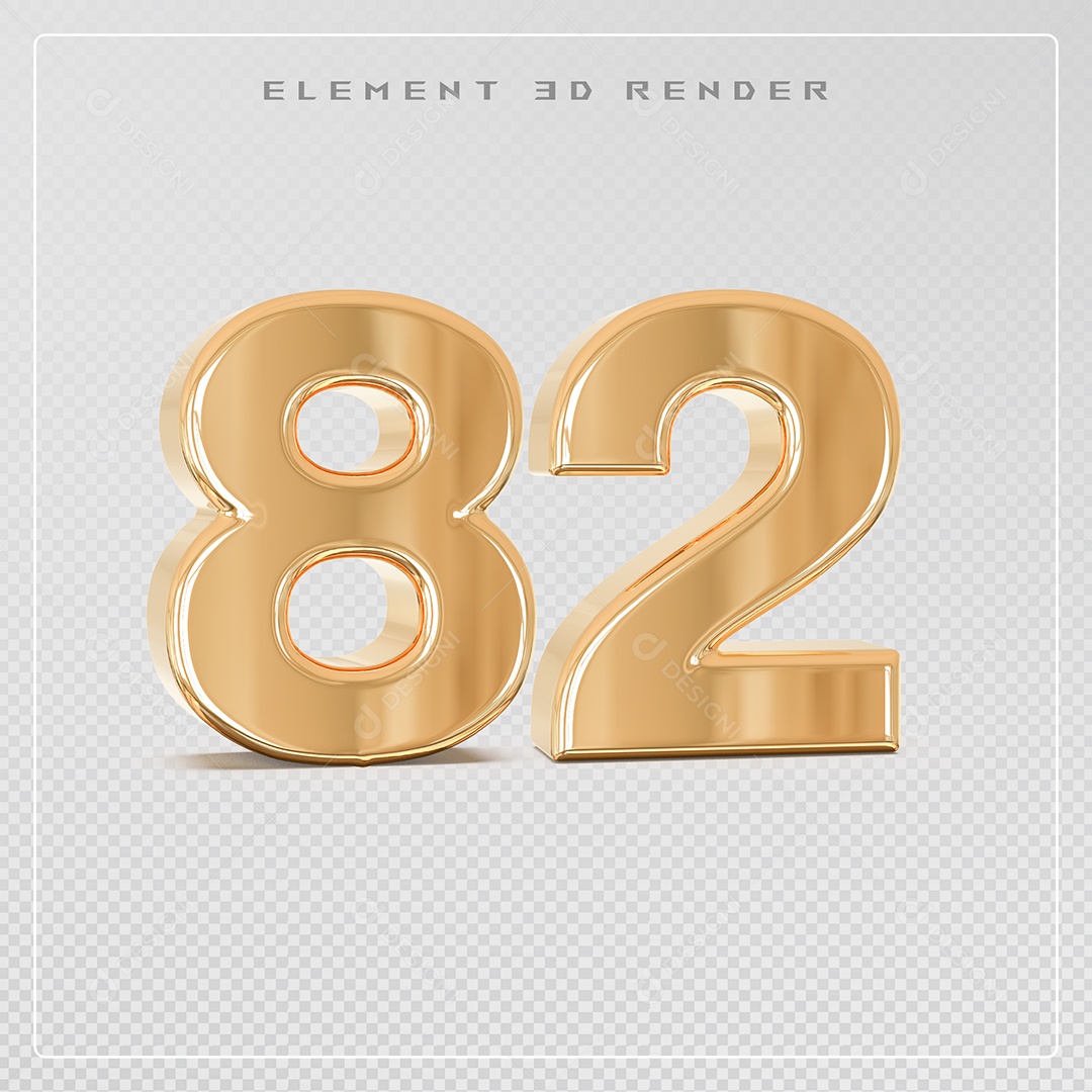 Elemento 3D Número 82 Dourado para Composição PSD