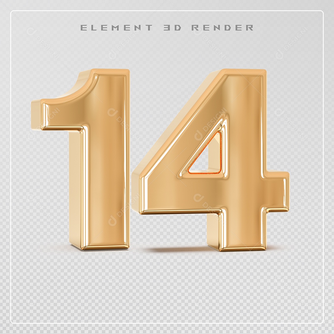 Elemento 3D Número 14 Dourado para Composição PSD