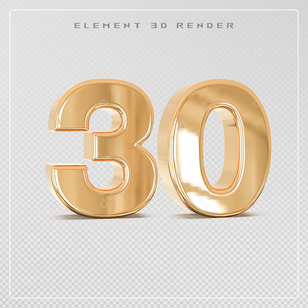 Elemento 3D Número 30 Dourado para Composição PSD