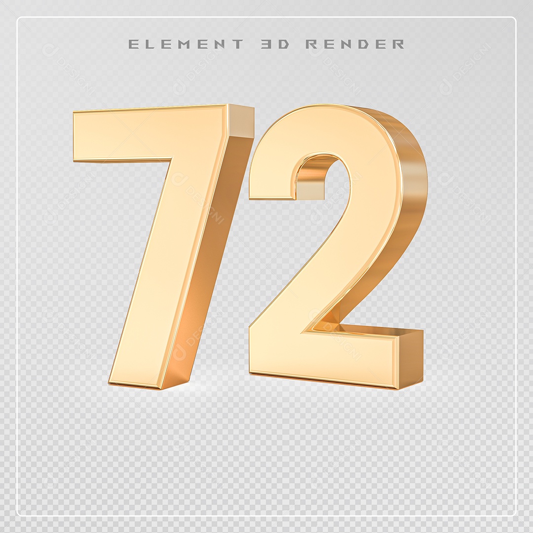 Elemento 3D Número 72 Dourado para Composição PSD