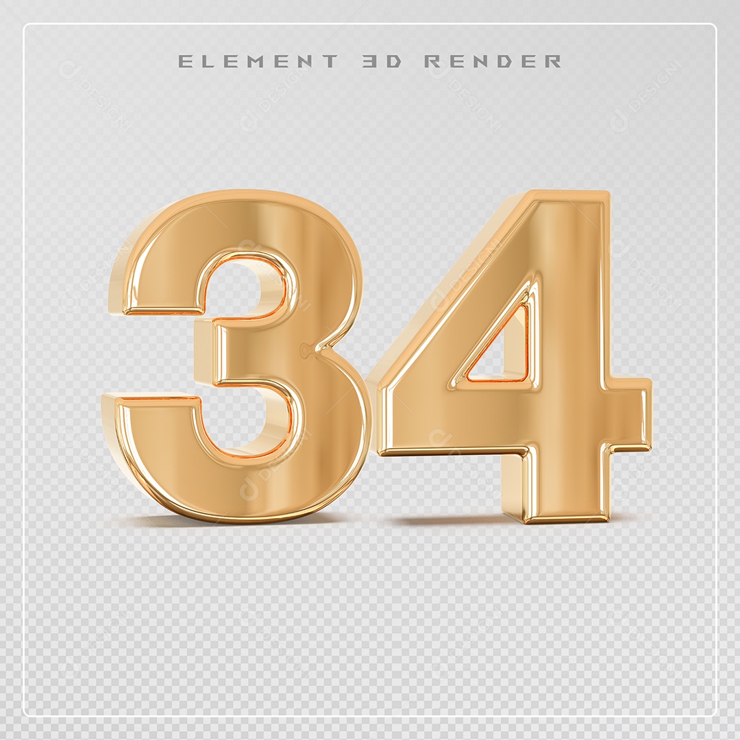 Elemento 3D Número 34 Dourado para Composição PSD