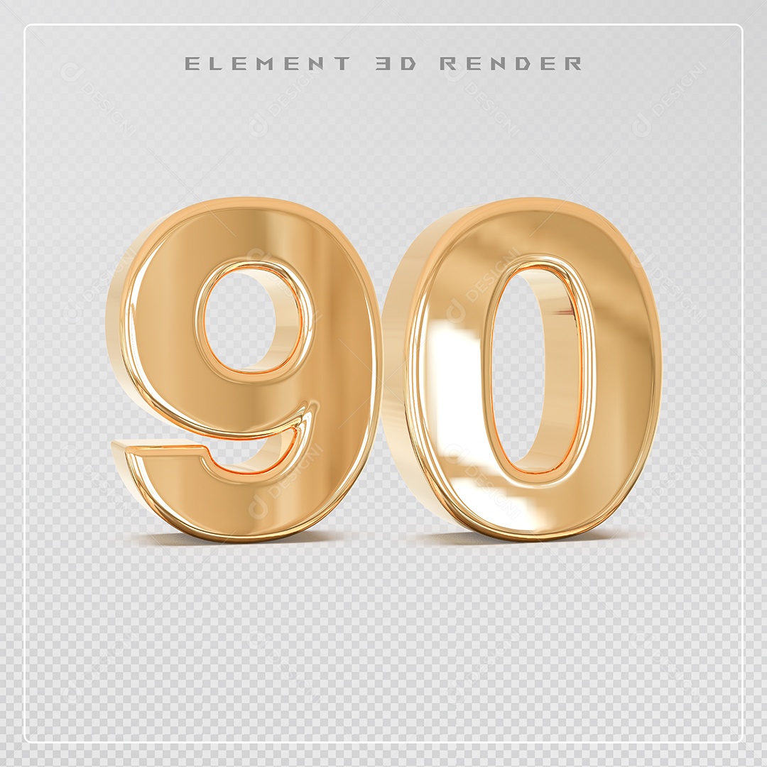 Elemento 3D Número 90 Dourado para Composição PSD