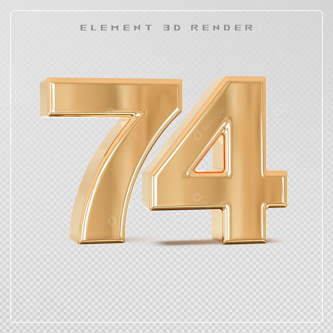 Elemento 3D Número 74 Dourado para Composição PSD