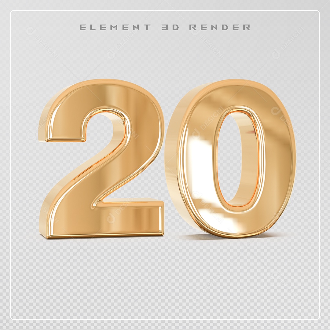 Elemento 3D Número 20 Dourado para Composição PSD