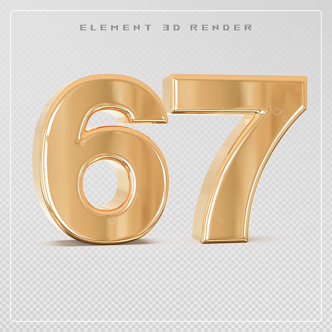 Elemento 3D Número 67 Dourado para Composição PSD