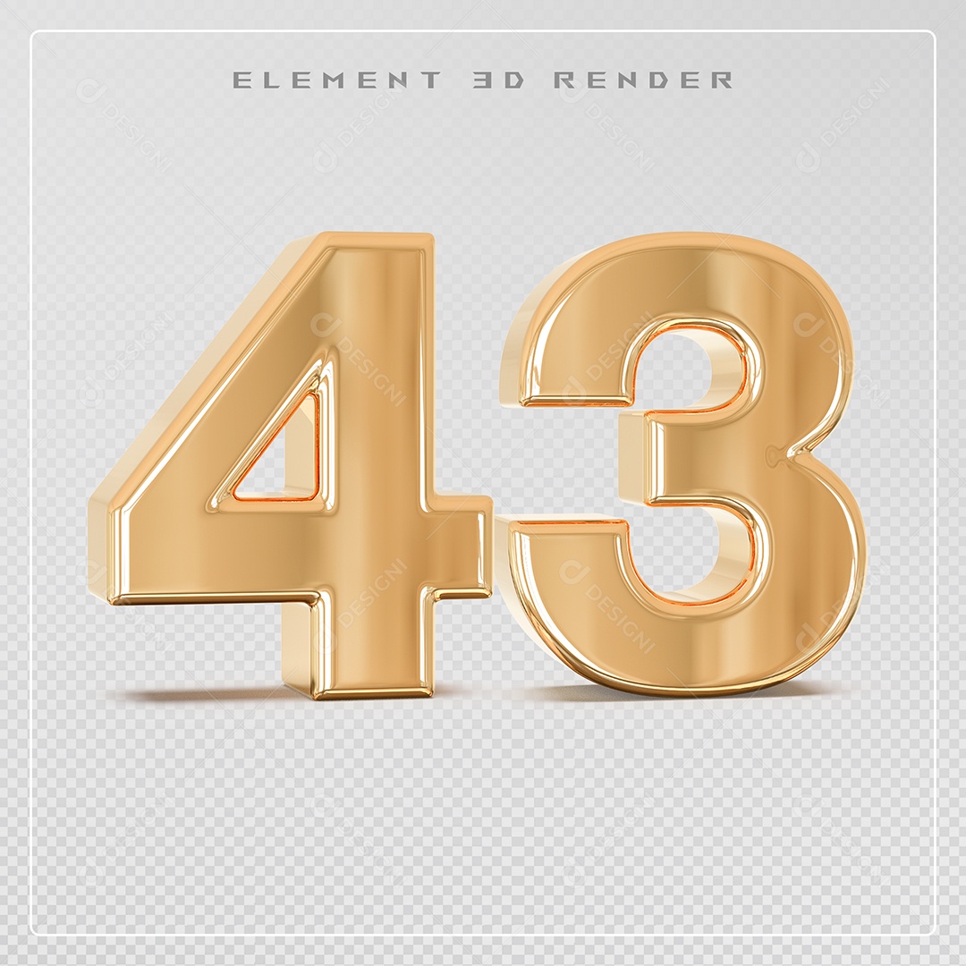 Elemento 3D Número 43 Dourado para Composição PSD