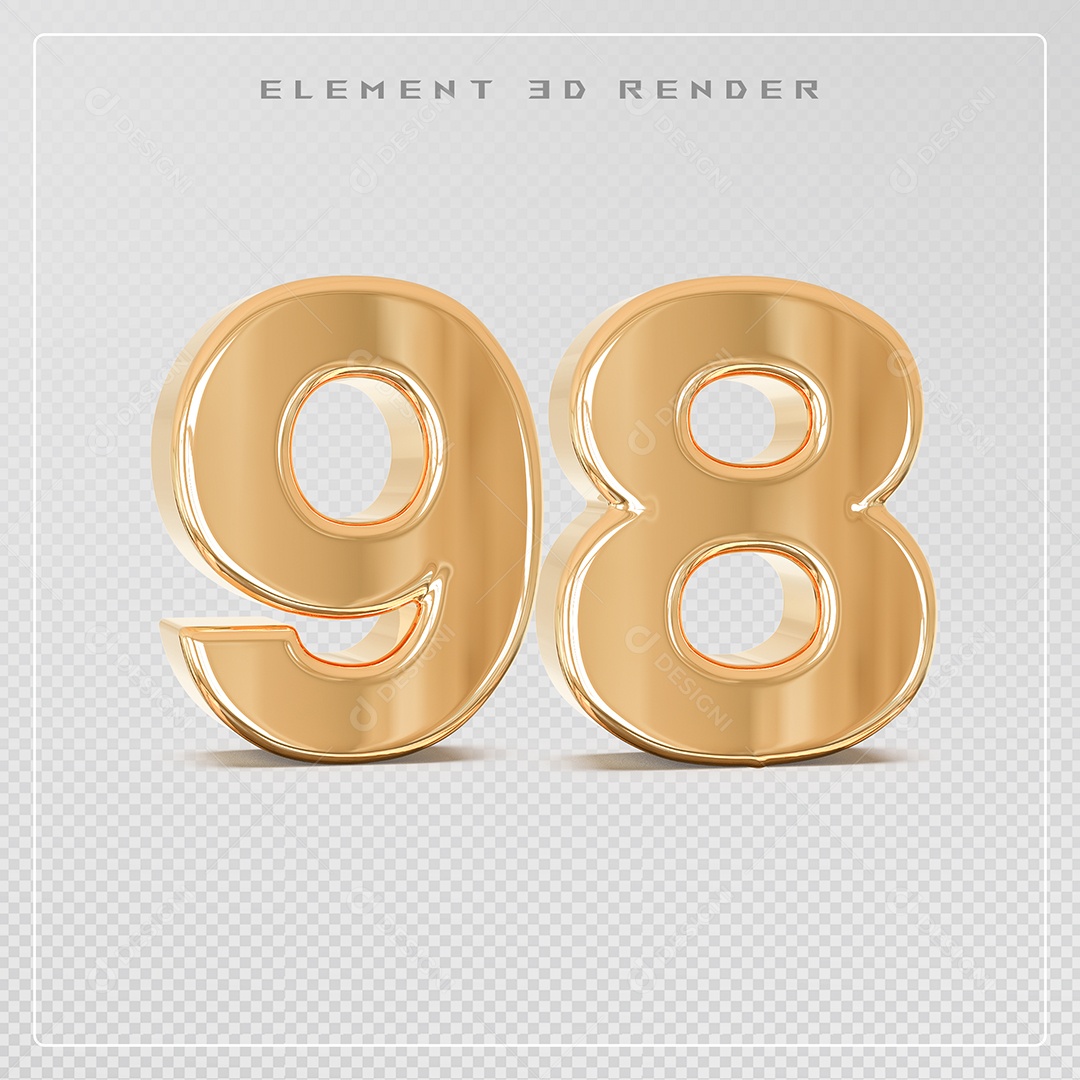 Elemento 3D Número 98 Dourado para Composição PSD