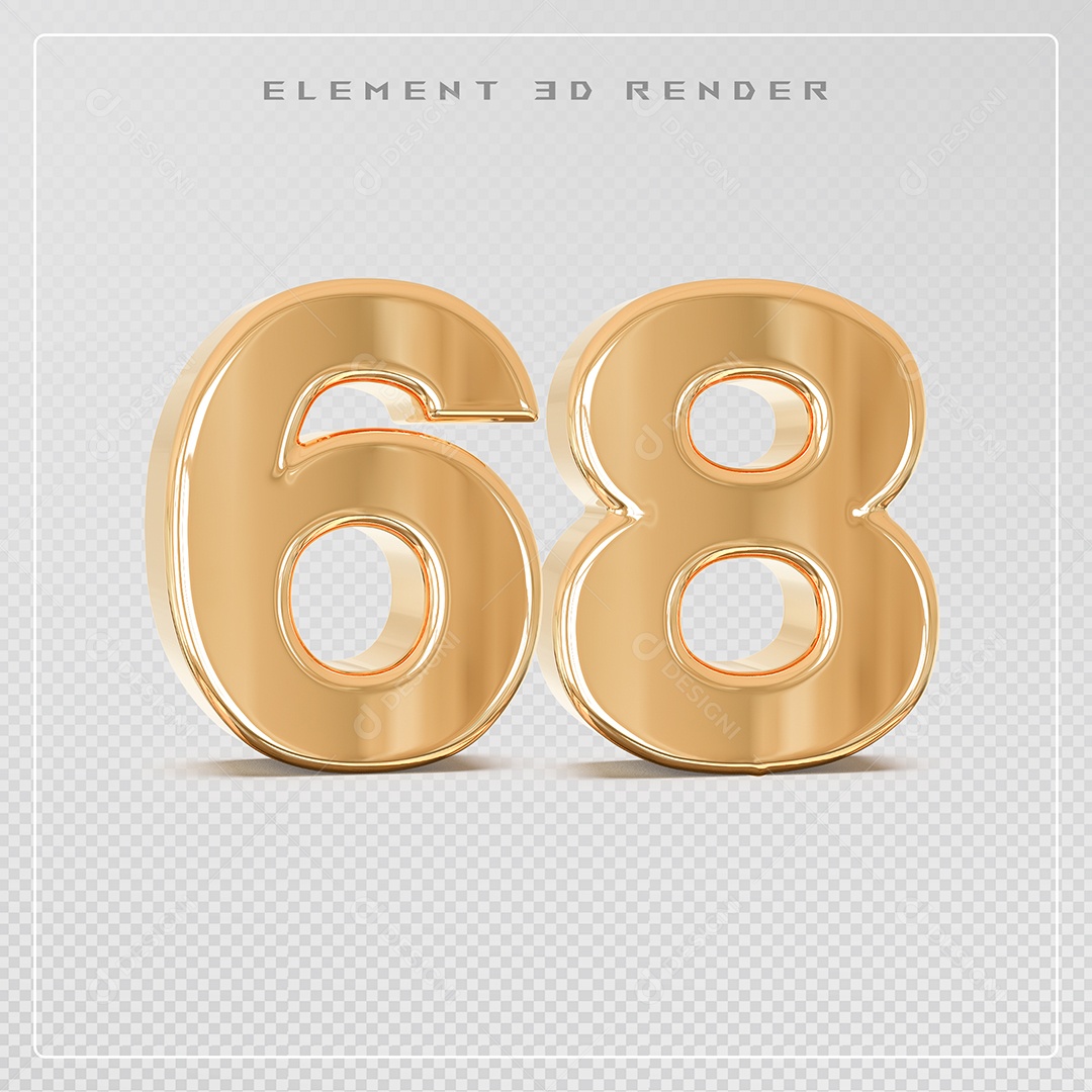Elemento 3D Número 68 Dourado para Composição PSD