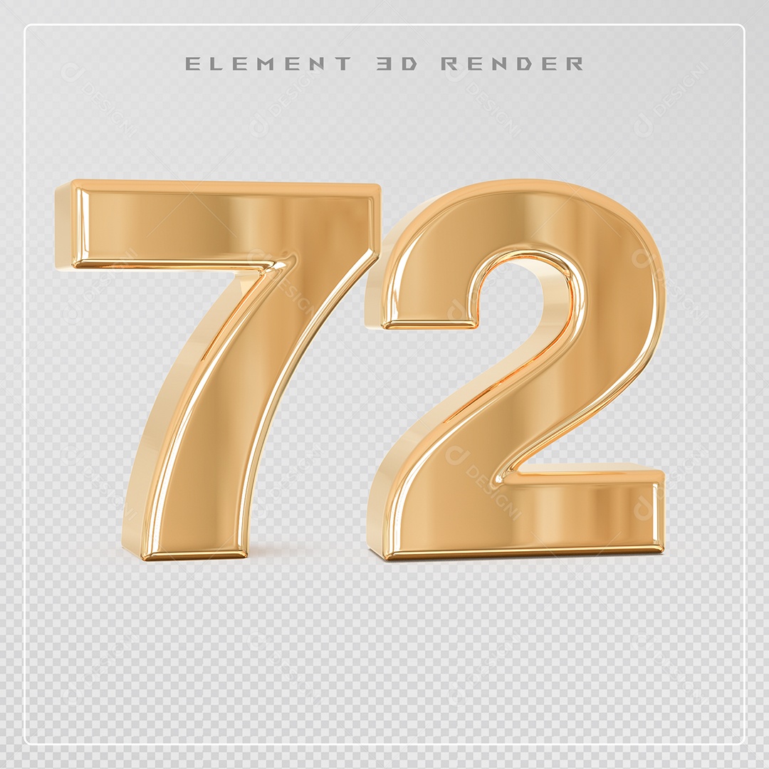 Elemento 3D Número 72 Dourado para Composição PSD