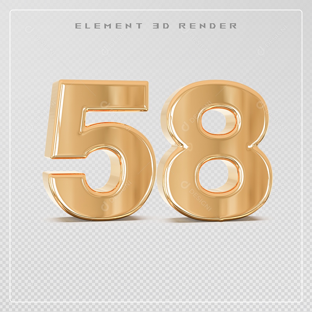 Elemento 3D Número 58 Dourado para Composição PSD