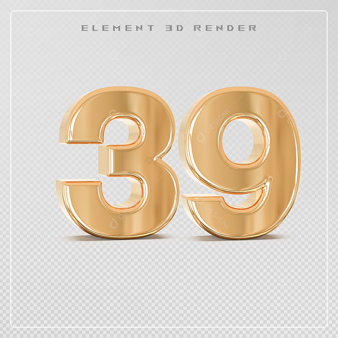 Elemento 3D Número 39 Dourado para Composição PSD