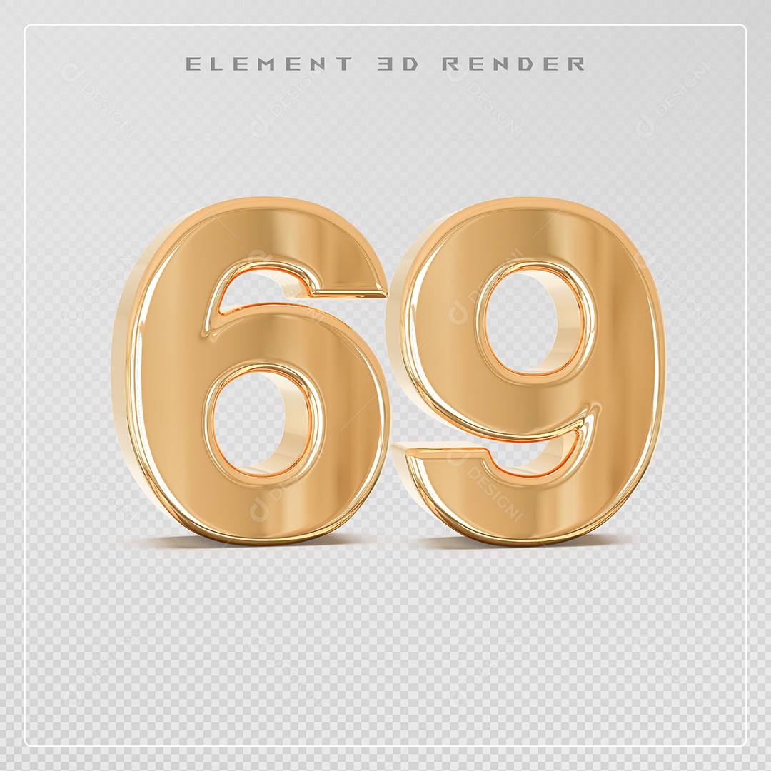 Elemento 3D Número 69 Dourado para Composição PSD