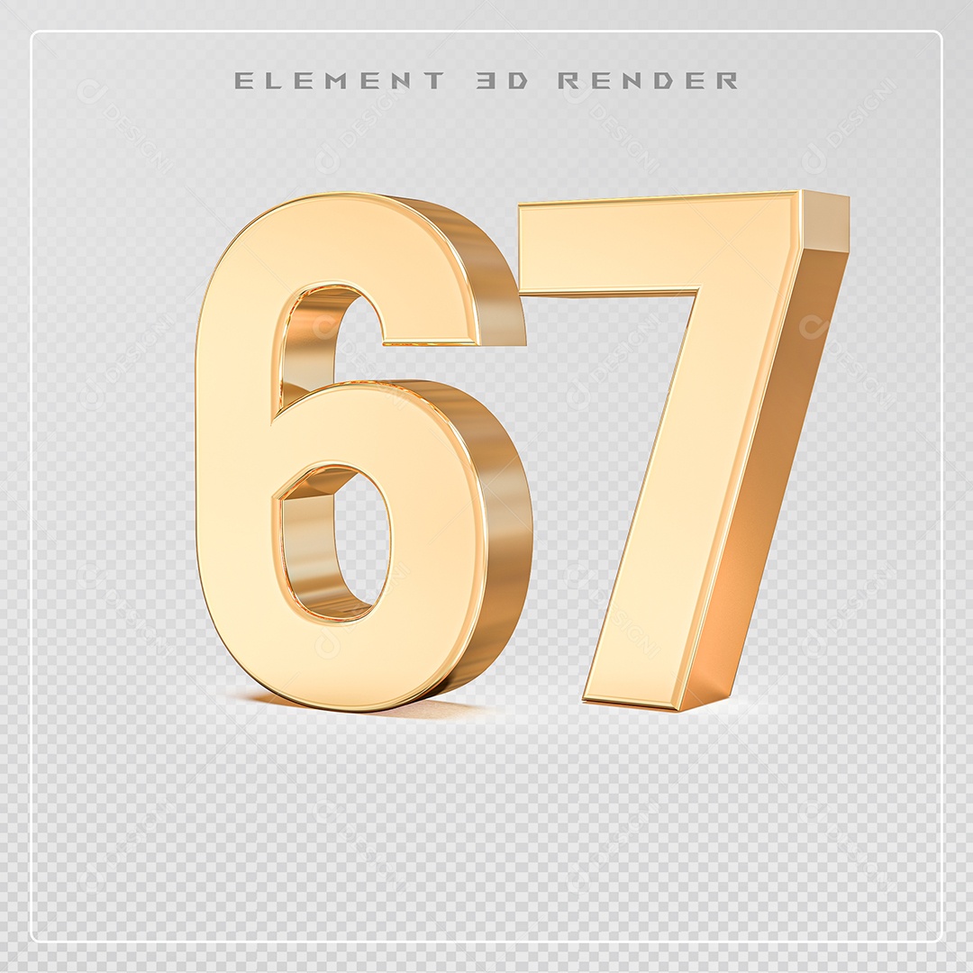 Elemento 3D Número 67 Dourado para Composição PSD