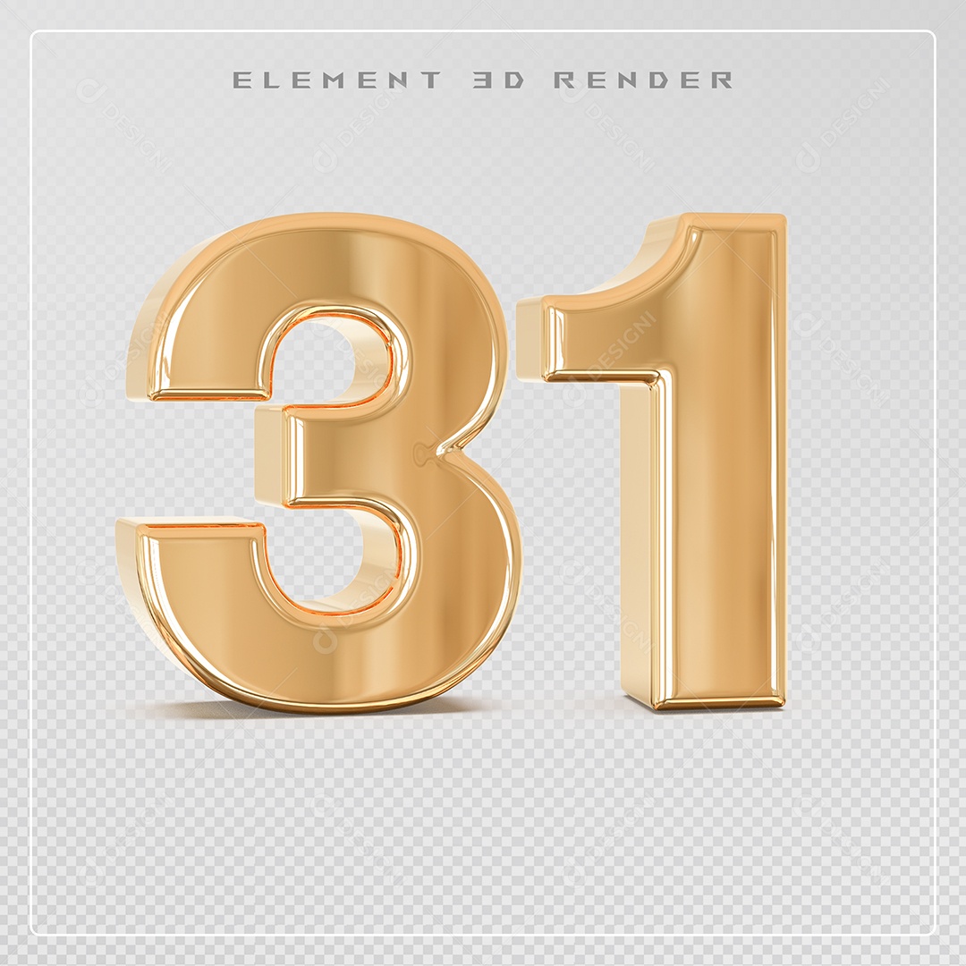 Elemento 3D Número 31 Dourado para Composição PSD