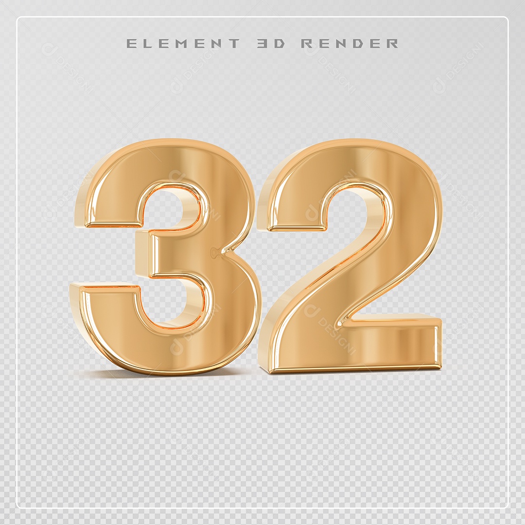 Elemento 3D Número 32 Dourado para Composição PSD