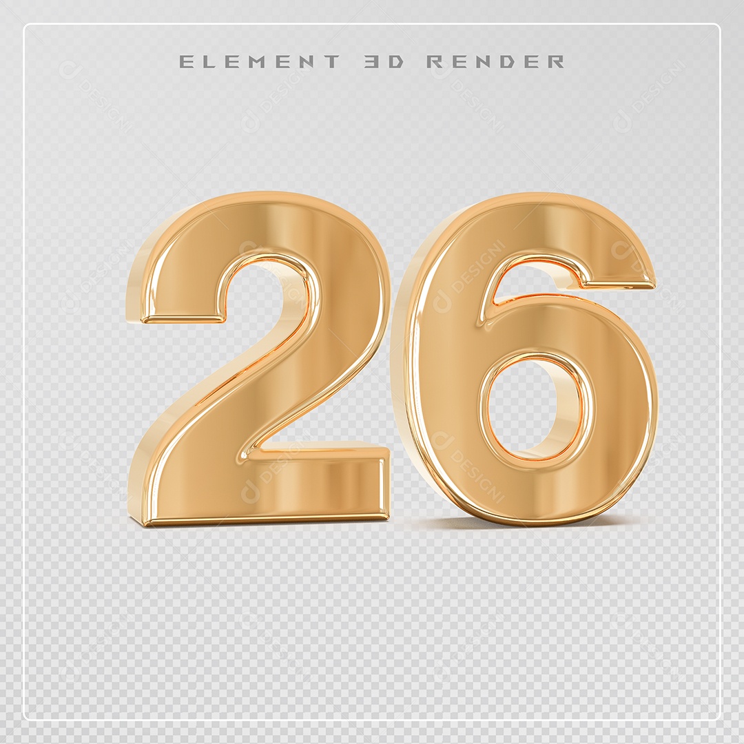 Elemento 3D Número 26 Dourado para Composição PSD