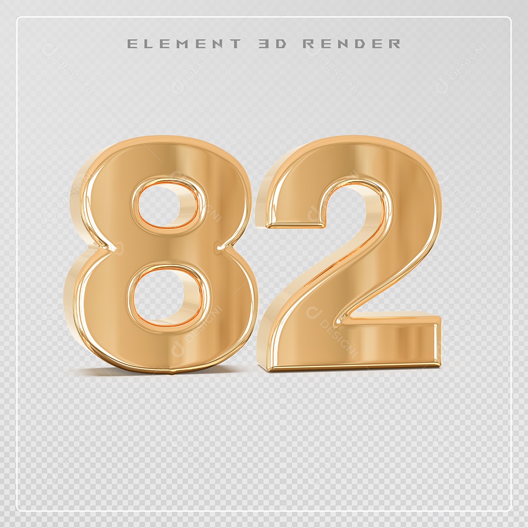 Elemento 3D Número 82 Dourado para Composição PSD