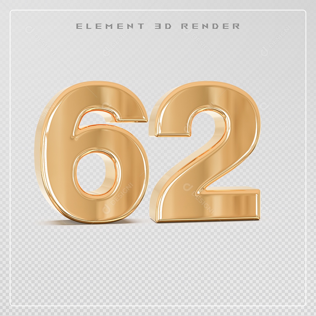 Elemento 3D Número 62 Dourado para Composição PSD