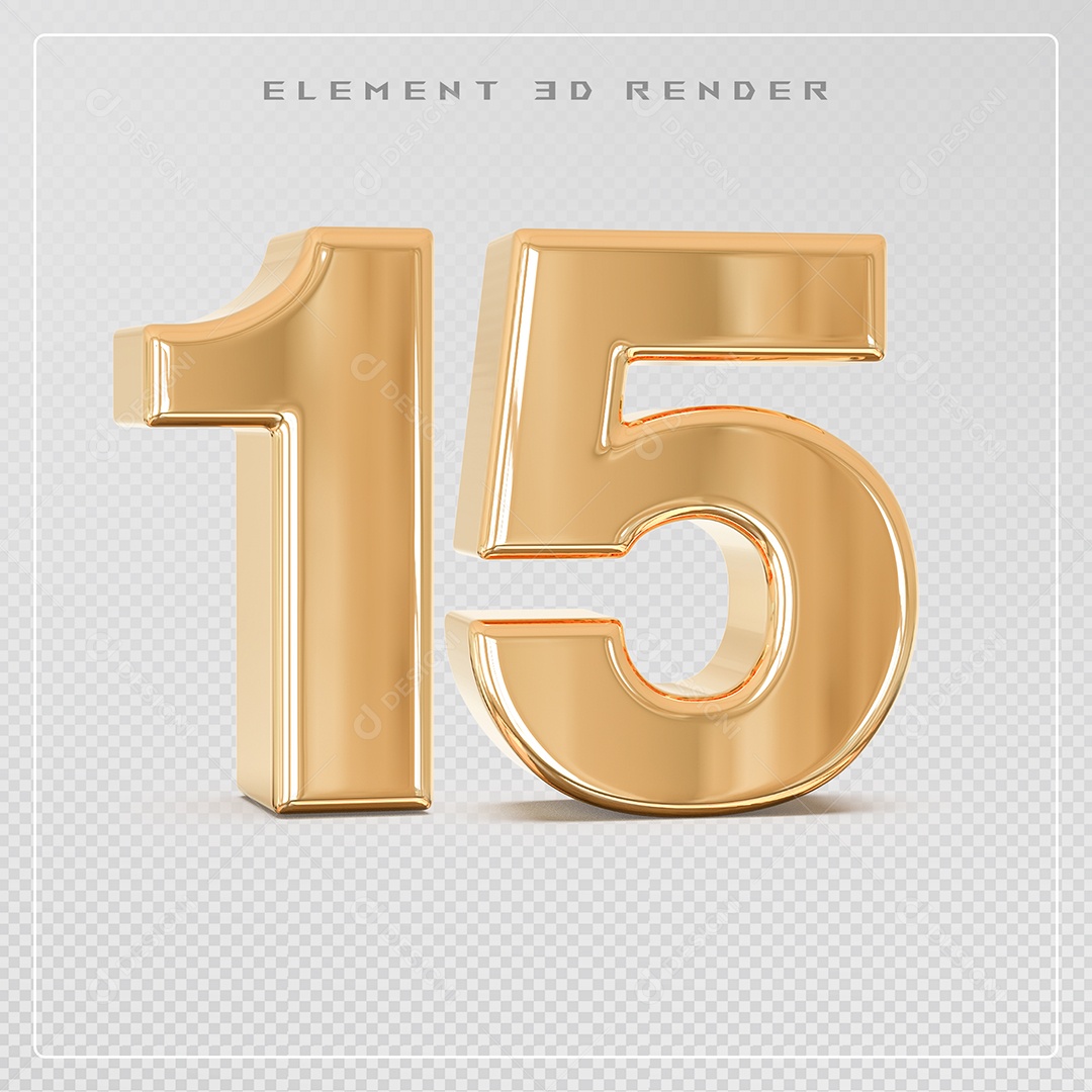 Elemento 3D Número 15 Dourado para Composição PSD