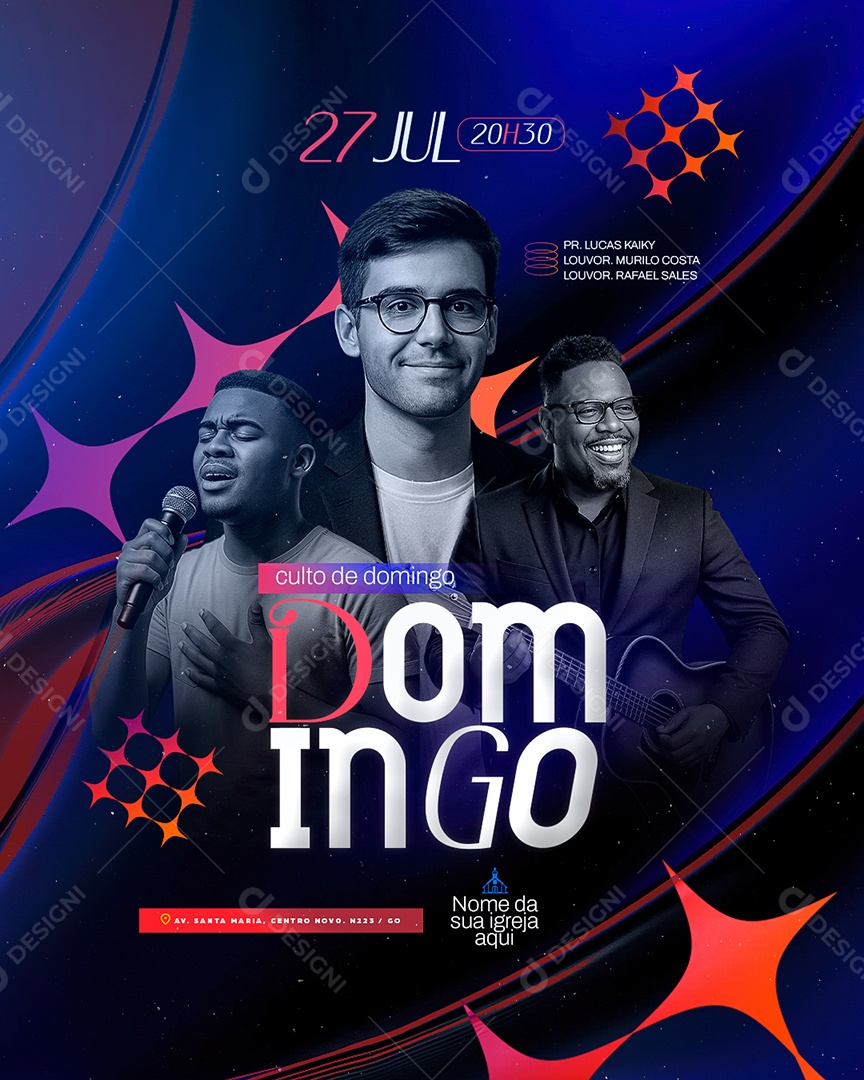 Flyer Gospel Culto de Domingo Social Media PSD Editável