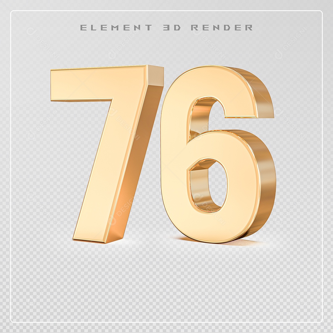 Elemento 3D Número 76 Dourado para Composição PSD