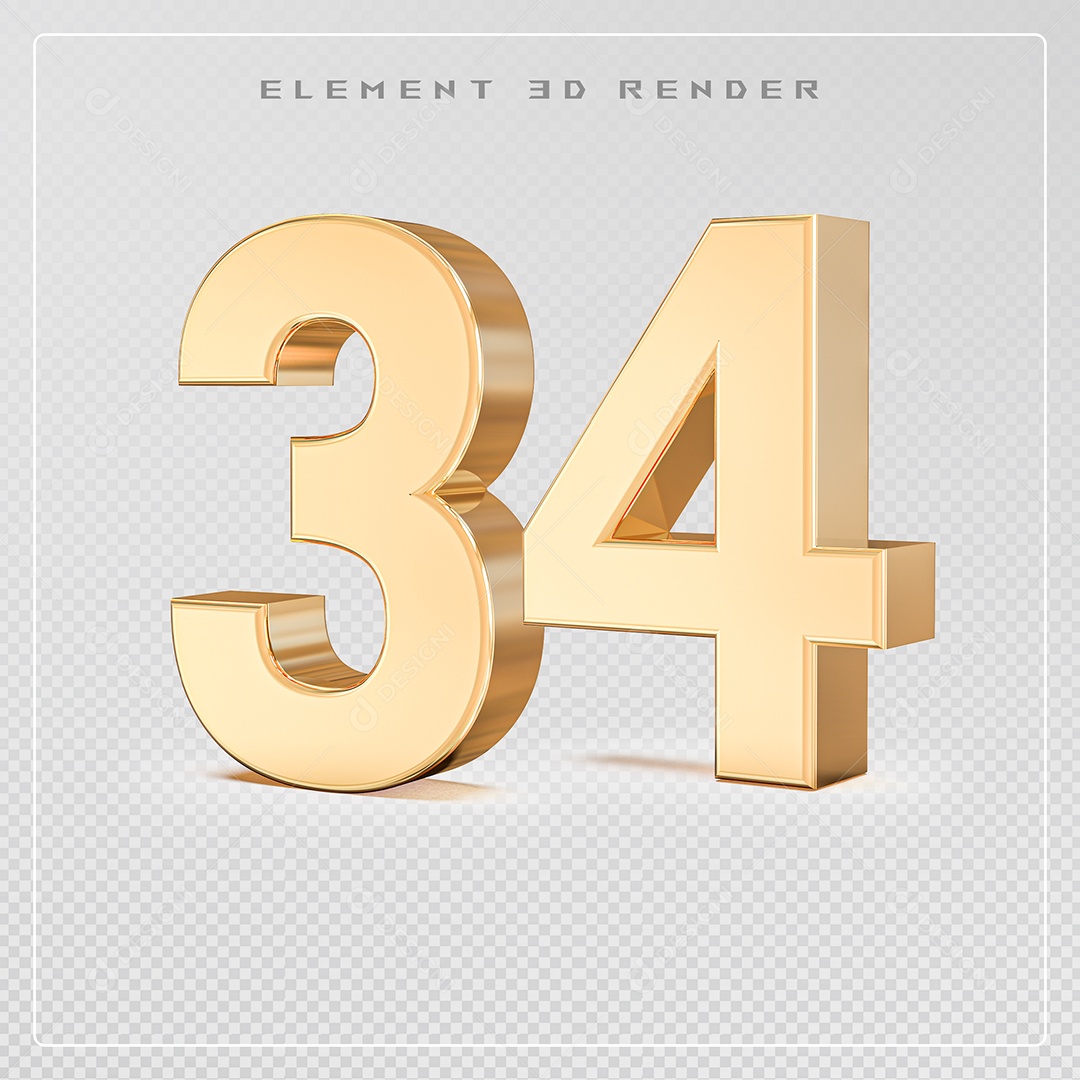 Elemento 3D Número 34 Dourado para Composição PSD