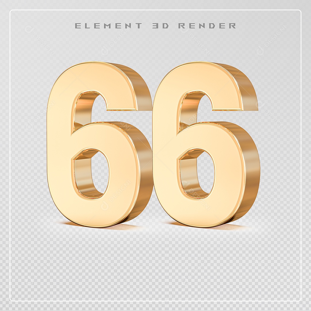 Elemento 3D Número 66 Dourado para Composição PSD