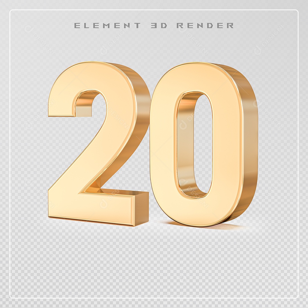 Elemento 3D Número 20 Dourado para Composição PSD