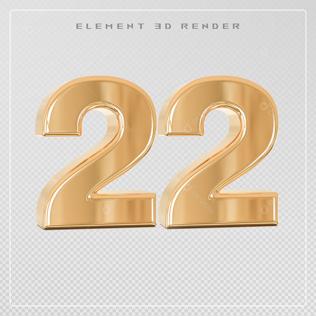 Elemento 3D Número 22 Dourado para Composição PSD